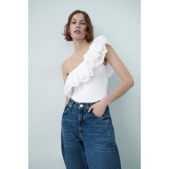 White Zara One Shoulder Openwork Eyelet Embroidered Ruffle Bodysuit (NWT) - Picture 2 of 8